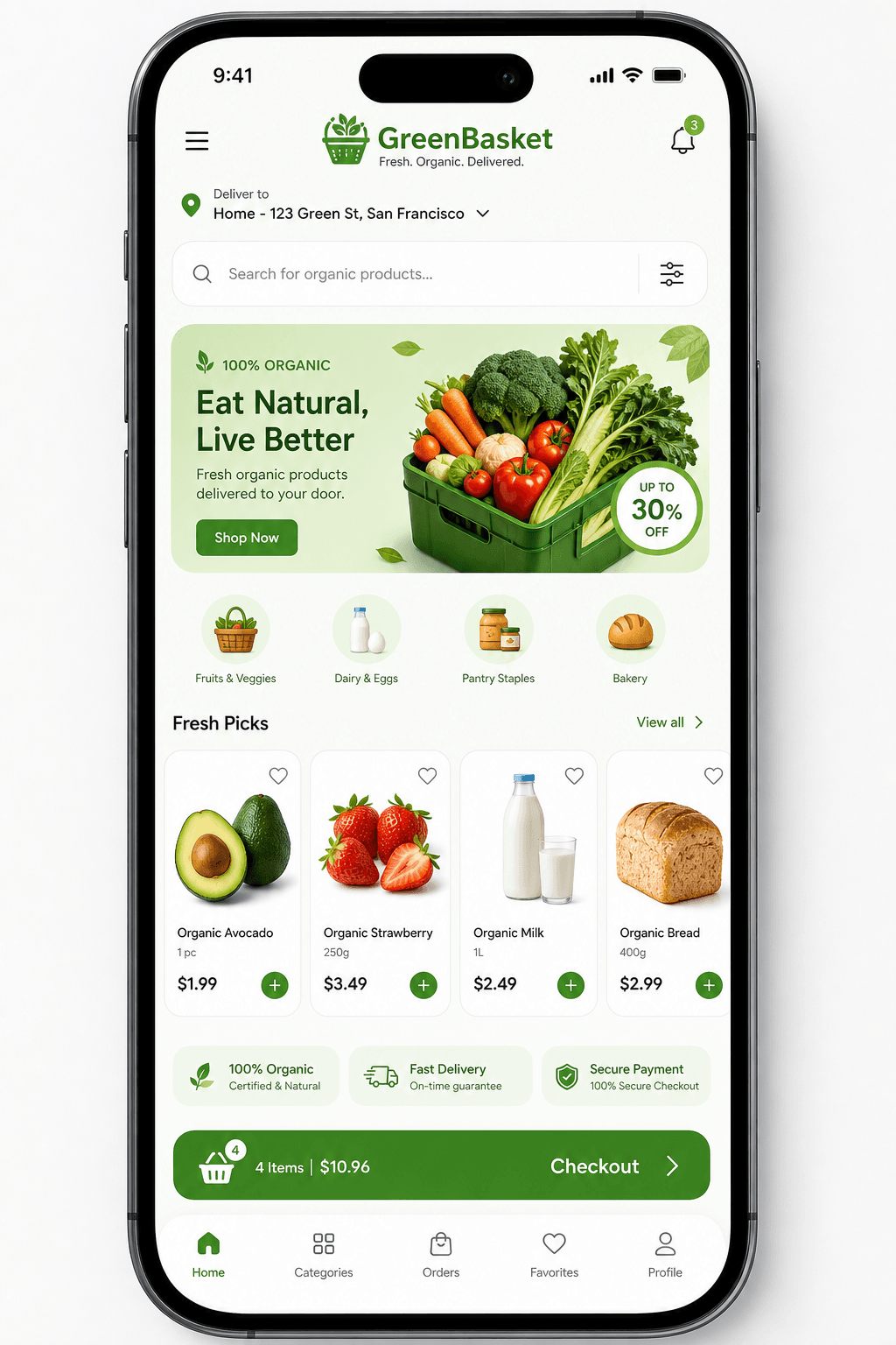 GreenBasket — Магазин продуктов со слотами доставки